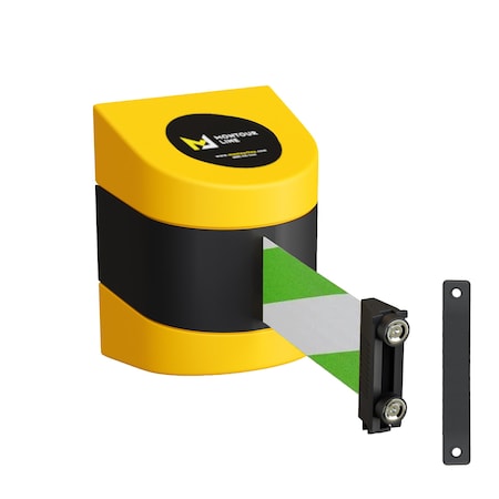 Montour Line Retr. Belt Barrier Yellow Warehouse Rack Mount, 7.5ft Grn/Wh Belt (M) WMX140-YW-GWD-WR-M-75